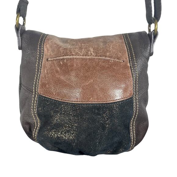 The Sak Deena Flap Fold Over Leather Brown Patchwork Crossbody Purse adjustable - Picture 3 of 9